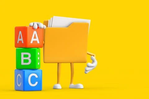 Yellow File Folder Icon Cartoon Person Character Mascot with Alphabet ABC E.. Stock Illustration