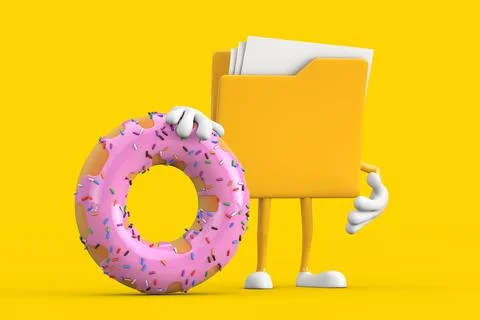 Yellow File Folder Icon Cartoon Person Character Mascot with Big Strawberry.. Stock-Illustration
