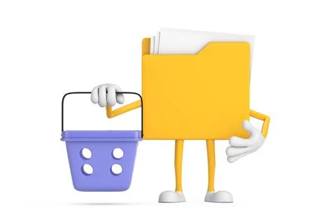 Yellow File Folder Icon Cartoon Person Character Mascot with Cartoon Shoppi.. Illustrazione stock