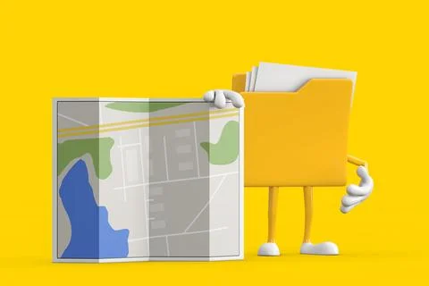 Yellow File Folder Icon Cartoon Person Character Mascot with Abstract City .. Stock-Illustration
