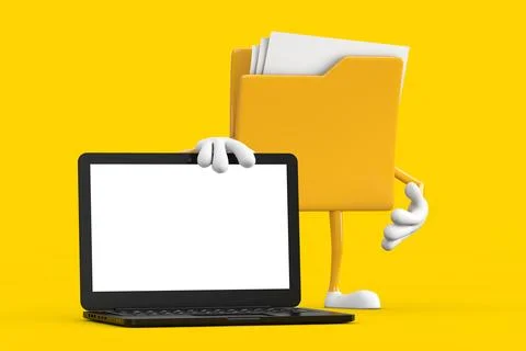 Yellow File Folder Icon Cartoon Person Character Mascot with Modern Laptop .. Stock-Illustration