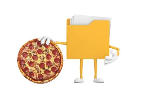 Yellow File Folder Icon Cartoon Person Character Mascot with Tasty Pepperon.. Stock-Illustration
