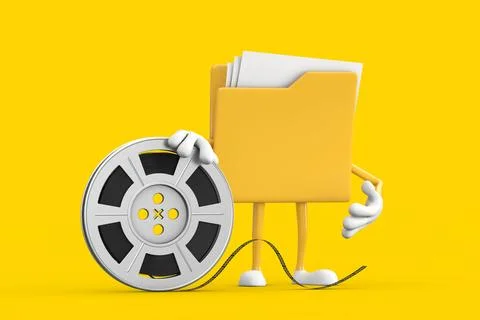 Yellow File Folder Icon Cartoon Person Character Mascot with Film Reel Cine.. Stock Illustration