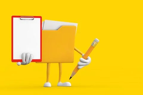 Yellow File Folder Icon Cartoon Person Character Mascot with Red Plastic Cl.. Stock-Illustration