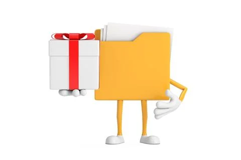 Yellow File Folder Icon Cartoon Person Character Mascot and Gift Box with R.. イラスト素材