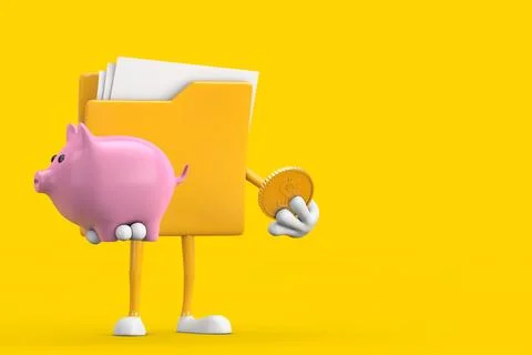 Yellow File Folder Icon Cartoon Person Character Mascot with Piggy Bank and.. Stock-Illustration