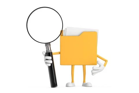 Yellow File Folder Icon Cartoon Person Character Mascot with Magnifying Gla.. Illustrazione stock