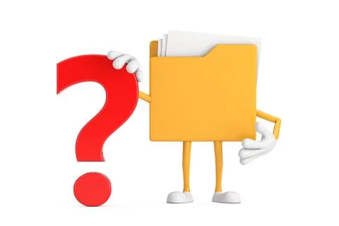 Yellow File Folder Icon Cartoon Person Character Mascot with Red Question M.. Stock-Illustration