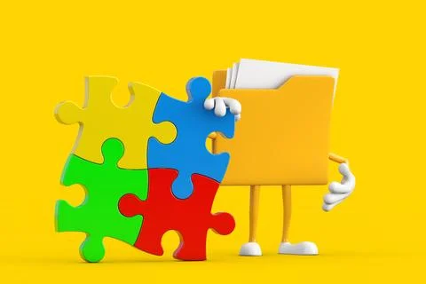 Yellow File Folder Icon Cartoon Person Character Mascot with Four Pieces of.. Stock-Illustration