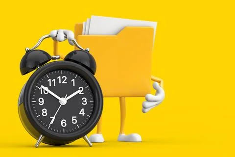 Yellow File Folder Icon Cartoon Person Character Mascot  with Alarm Clock. .. Stock-Illustration
