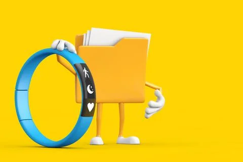 Yellow File Folder Icon Cartoon Person Character Mascot with Blue Fitness T.. Stock-Illustration