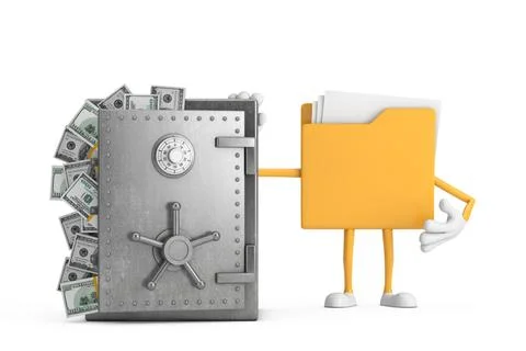 Yellow File Folder Icon Cartoon Person Character Mascot with Vault or Safe .. Stock Illustration