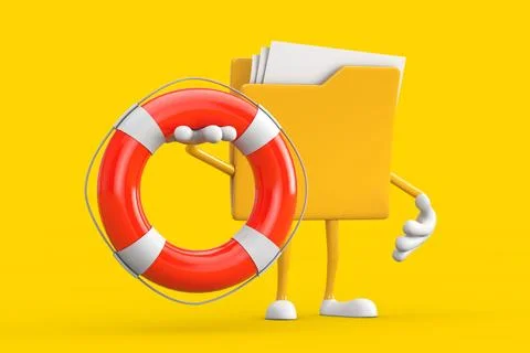 Yellow File Folder Icon Cartoon Person Character Mascot with Life Buoy. 3d .. Stock Illustration
