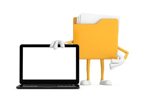 Yellow File Folder Icon Cartoon Person Character Mascot with Modern Laptop .. Illustrazione stock