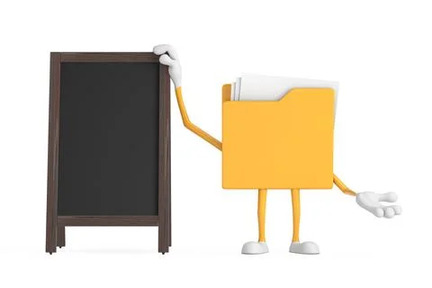 Yellow File Folder Icon Cartoon Person Character Mascot with Blank Wooden M.. Stock Illustration