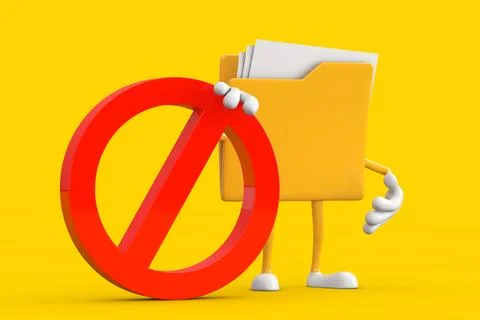 Yellow File Folder Icon Cartoon Person Character Mascot with Red Prohibitio.. 스톡 일러스트