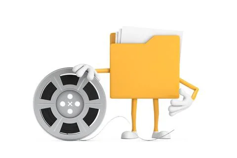 Yellow File Folder Icon Cartoon Person Character Mascot with Film Reel Cine.. Stock-Illustration