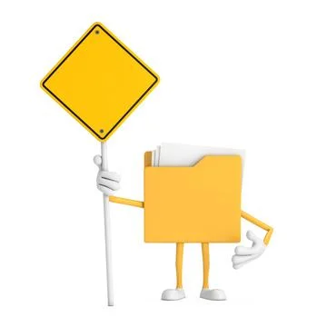 Yellow File Folder Icon Cartoon Person Character Mascot and Yellow Road Sig.. 스톡 일러스트