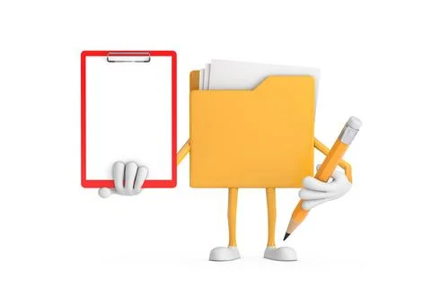 Yellow File Folder Icon Cartoon Person Character Mascot with Red Plastic Cl.. Stock-Illustration