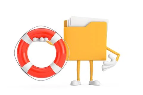 Yellow File Folder Icon Cartoon Person Character Mascot with Life Buoy. 3d .. Stock Illustration