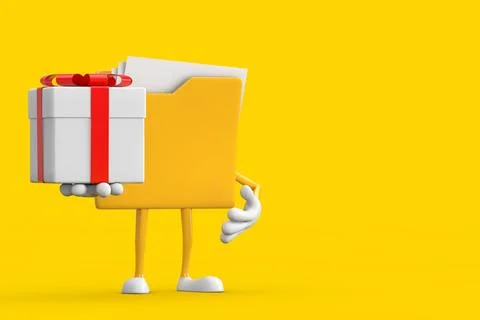 Yellow File Folder Icon Cartoon Person Character Mascot and Gift Box with R.. Stock Illustration