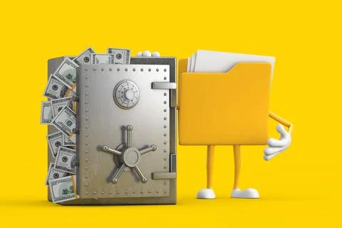 Yellow File Folder Icon Cartoon Person Character Mascot with Vault or Safe .. Stock Illustration