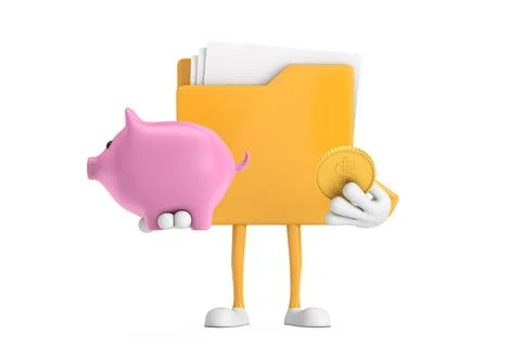 Yellow File Folder Icon Cartoon Person Character Mascot with Piggy Bank and.. 스톡 일러스트