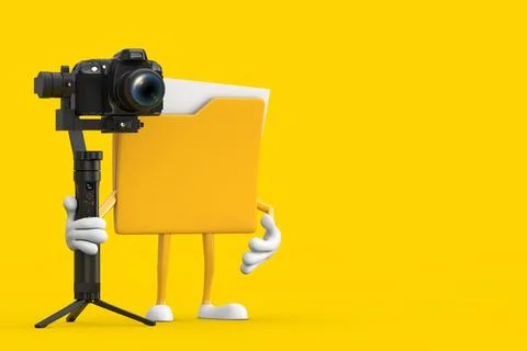 Yellow File Folder Icon Cartoon Person Character Mascot with DSLR or Video .. Stock-Illustration