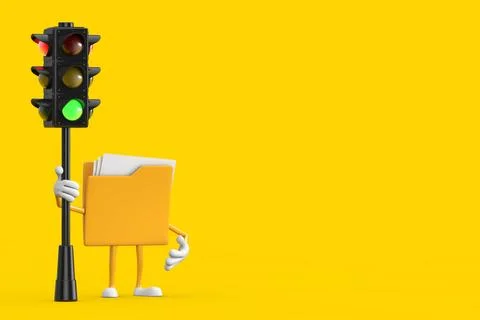 Yellow File Folder Icon Cartoon Person Character Mascot with Traffic Green .. Illustrazione stock