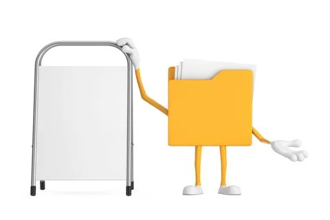 Yellow File Folder Icon Cartoon Person Character Mascot with White Blank Ad.. Stock-Illustration