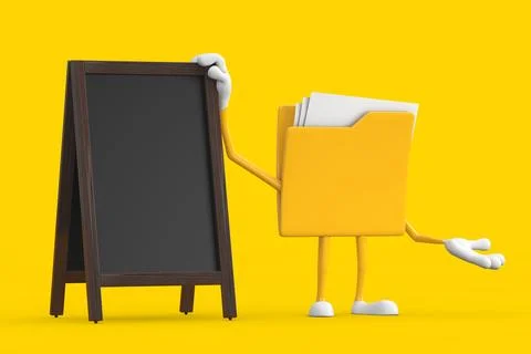Yellow File Folder Icon Cartoon Person Character Mascot with Blank Wooden M.. 库存插图