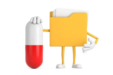 Yellow File Folder Icon Cartoon Person Character Mascot with Capsule Pill ... 库存插图
