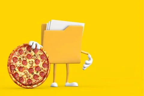 Yellow File Folder Icon Cartoon Person Character Mascot with Tasty Pepperon.. Stock-Illustration