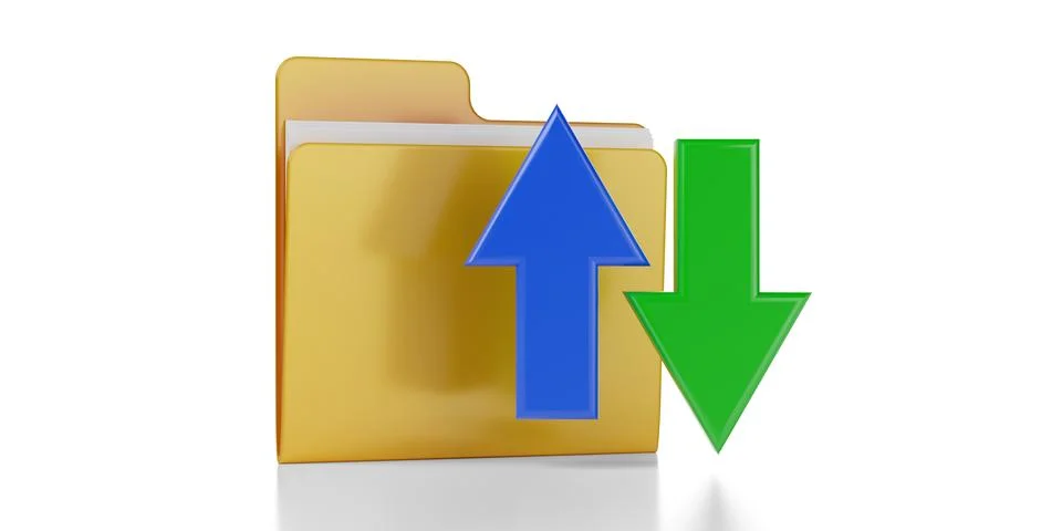 Yellow file folder with upload and dlownload arrows over white background, .. Ilustração Stock