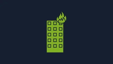 Yellow Fire in burning building on city street icon isolated on blue background Stock Footage 232034779
