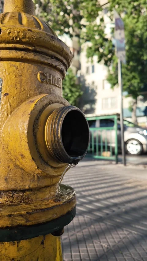 Yellow Fire Hydrant Spraying Water onto City Sidewalk Stock Footage 311558368
