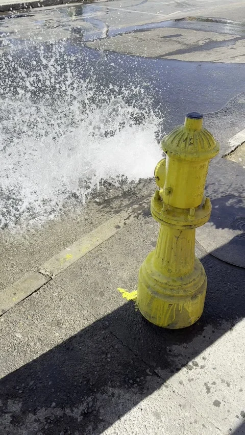 Yellow Fire Hydrant Spraying Water onto City Sidewalk Stock Footage 311558664