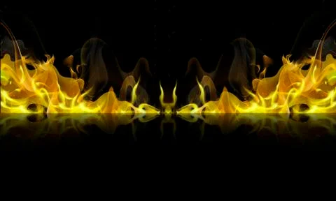 Yellow fire with reflection on a black background Stock Illustration