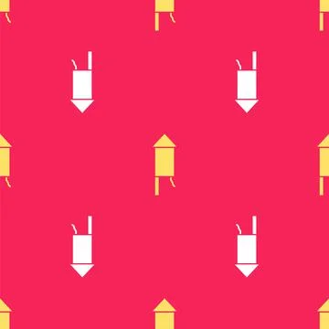 Yellow Firework rocket icon isolated seamless pattern on red background. Concept Stockillustratie