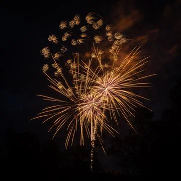 Yellow fireworks exploding with streaks and small puffs. Stock Photos