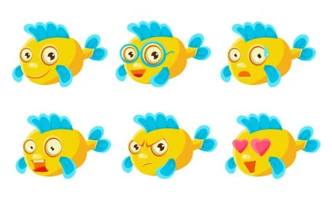 Yellow Fish with Different Emotions Set, Cute Sea Creature Cartoon Character Ilustración de archivo