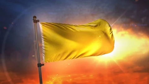 Yellow Flag Backlit At Beautiful Sunrise Loop Slow Motion 3D Rendering 4K Stock Footage 76923965