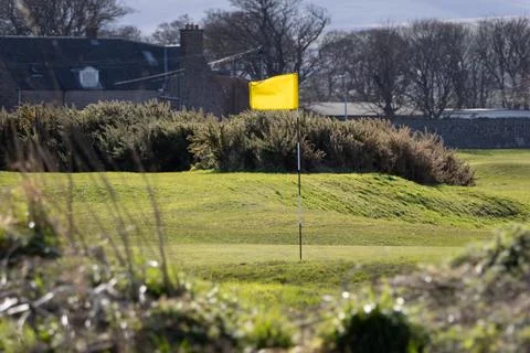 A yellow flag is on a golf course Stock Photos