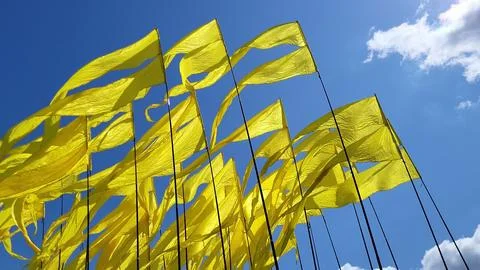 Yellow flags fluttering in wind against blue sky. Row of vibrant textile bann Stock Photos
