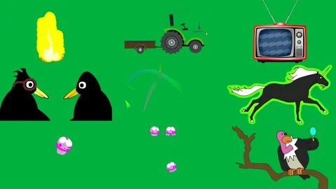 Yellow flame green background tractor old television set two black birds. Stock Footage 310563123