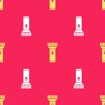 Yellow Flashlight for diver icon isolated seamless pattern on red background. 스톡 일러스트