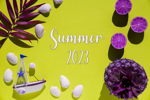 Yellow Flat Lay, Boat, Shells, Purple Pineapple, Text Summer 2023 Stock Illustration