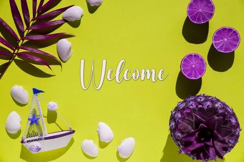 Yellow Flat Lay, Boat, Shells, Purple Pineapple, Text Welcome Stock Photos
