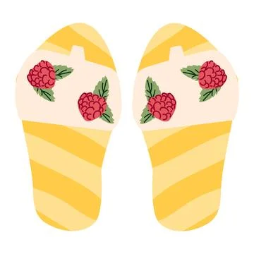 Yellow flip flop with raspberry isolated icon on transparent background. Stock Illustration