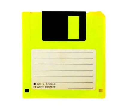Yellow floppy disk with blank label on white background. Magnetic means of st Stock Photos